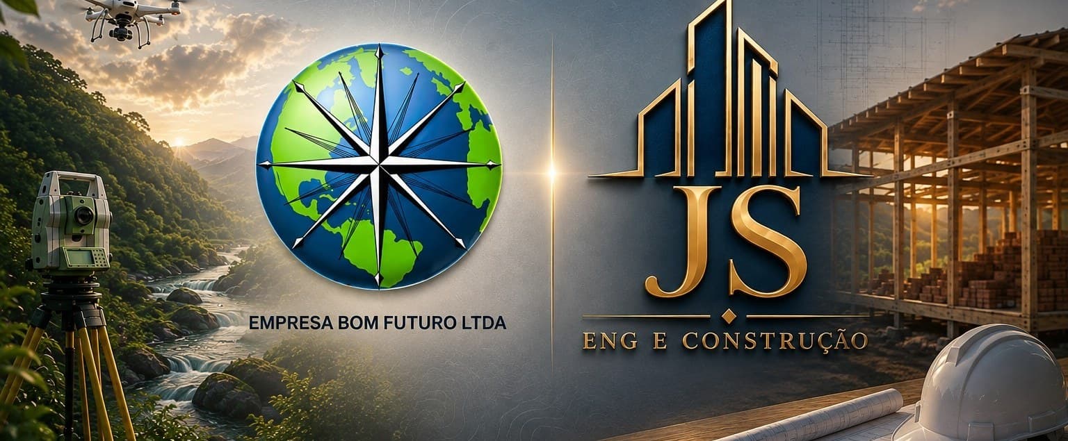Logotipos da Empresa Bom Futuro e da JS Eng e Construção, entre uma estação total em campo e uma estrutura de obra